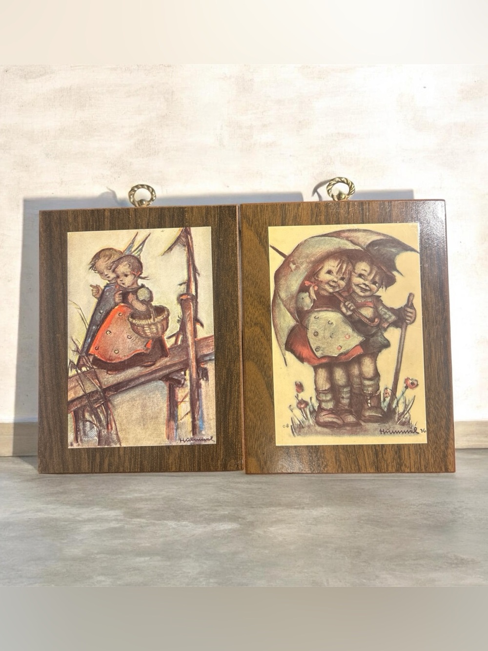 Vintage M I Hummel Wooden Wall Plaques Set Of 2 Children Art Prints 1936